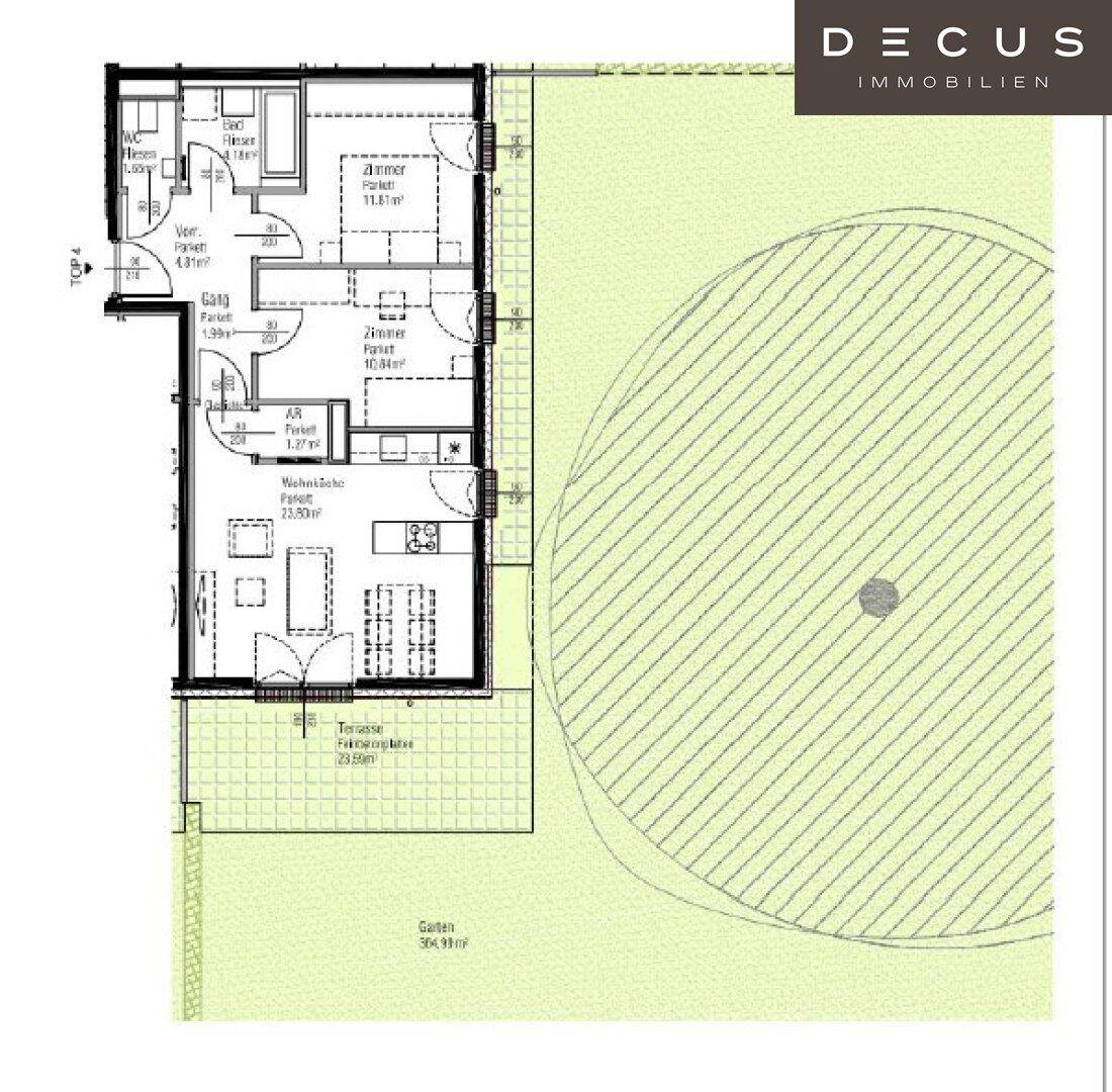 Grundriss einer Wohnung mit Terrasse und Gartenbereich, inklusive Raumaufteilung.