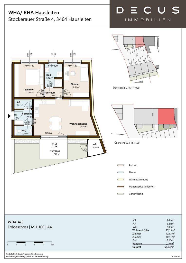 Detaillierter Grundriss des Erdgeschosses mit Wohnküche, Zimmern und Terrasse.