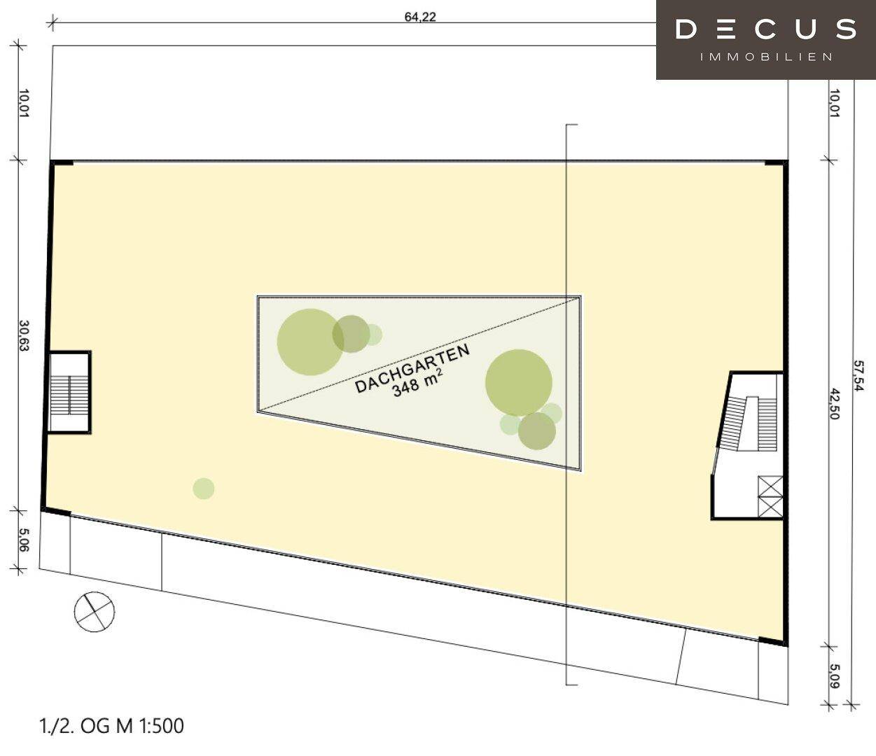 Grundriss des ersten und zweiten Obergeschosses mit einem großzügigen Dachgarten von 348 m² und Treppenhäusern.