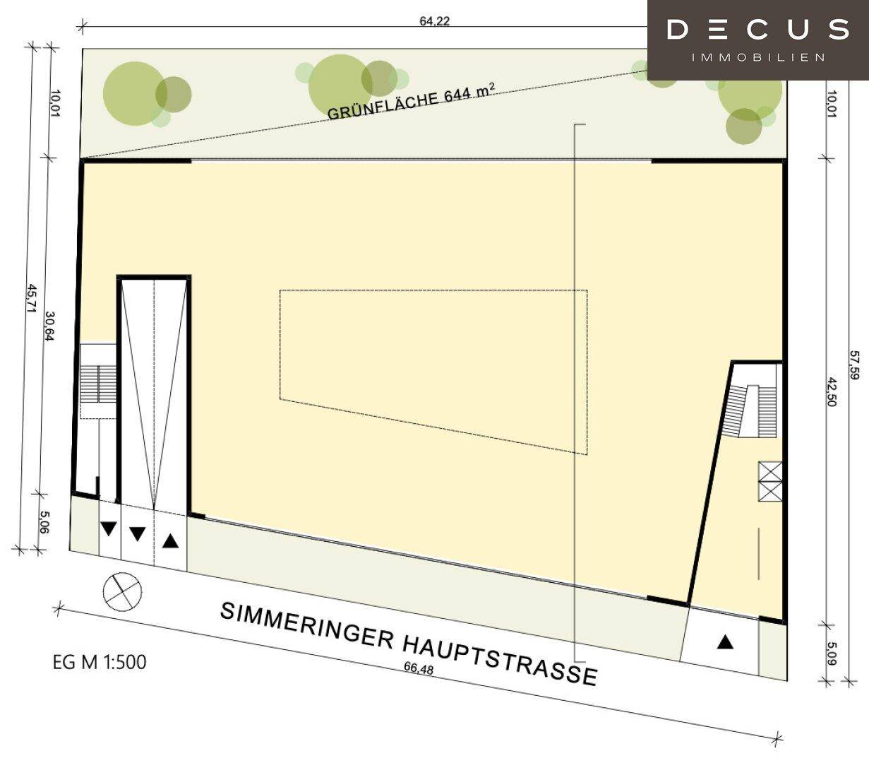 Grundriss des Erdgeschosses mit einer großen Grünfläche von 644 m² und direktem Zugang zur Simmeringer Hauptstraße.