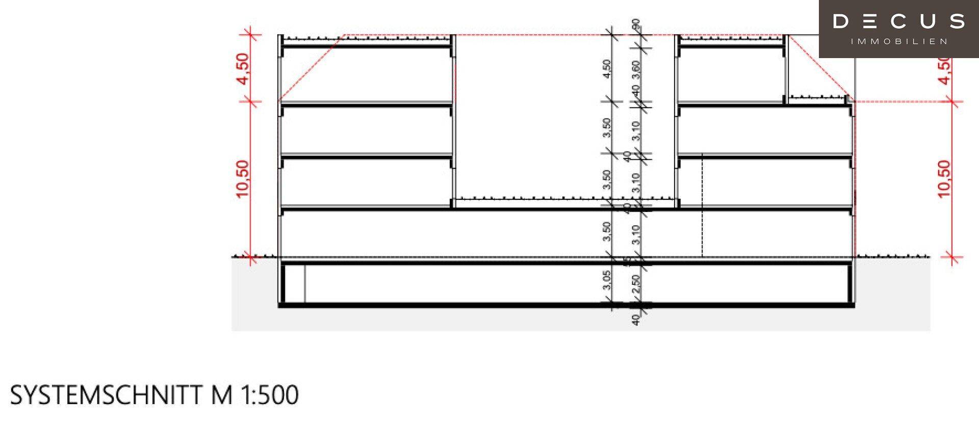 Systematischer Schnitt durch das Gebäude, der die verschiedenen Geschosse, Höhenmaße und das Kellergeschoss darstellt.