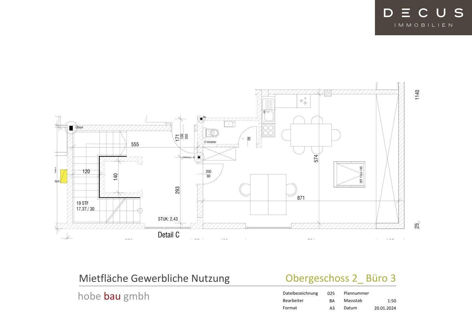 Grundriss für gewerbliche Nutzung mit Treppenhaus, WC und offenem Wohn-/Essbereich.
