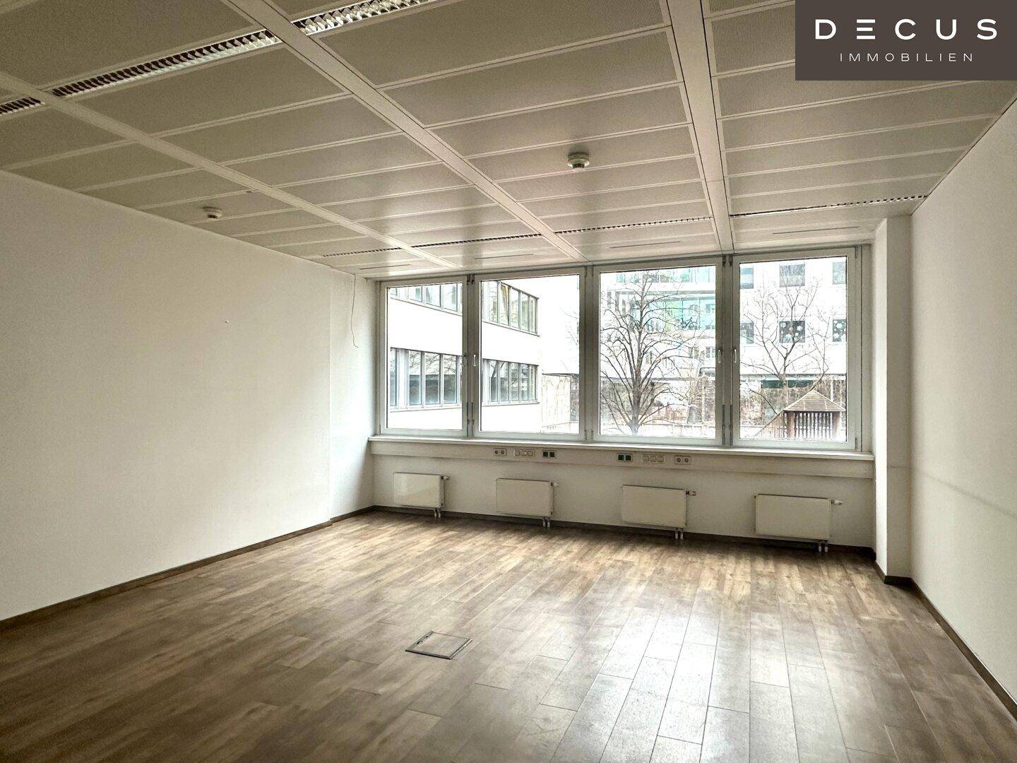 Büroraum mit Holzboden und großen Fenstern, die viel Tageslicht hereinlassen und eine grüne Aussicht bieten.
