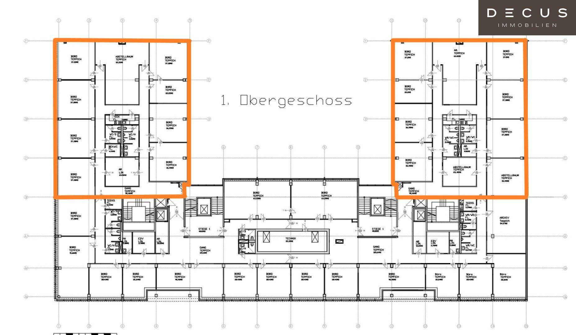 Grundriss des ersten Obergeschosses mit mehreren Büroeinheiten und Gemeinschaftsflächen.