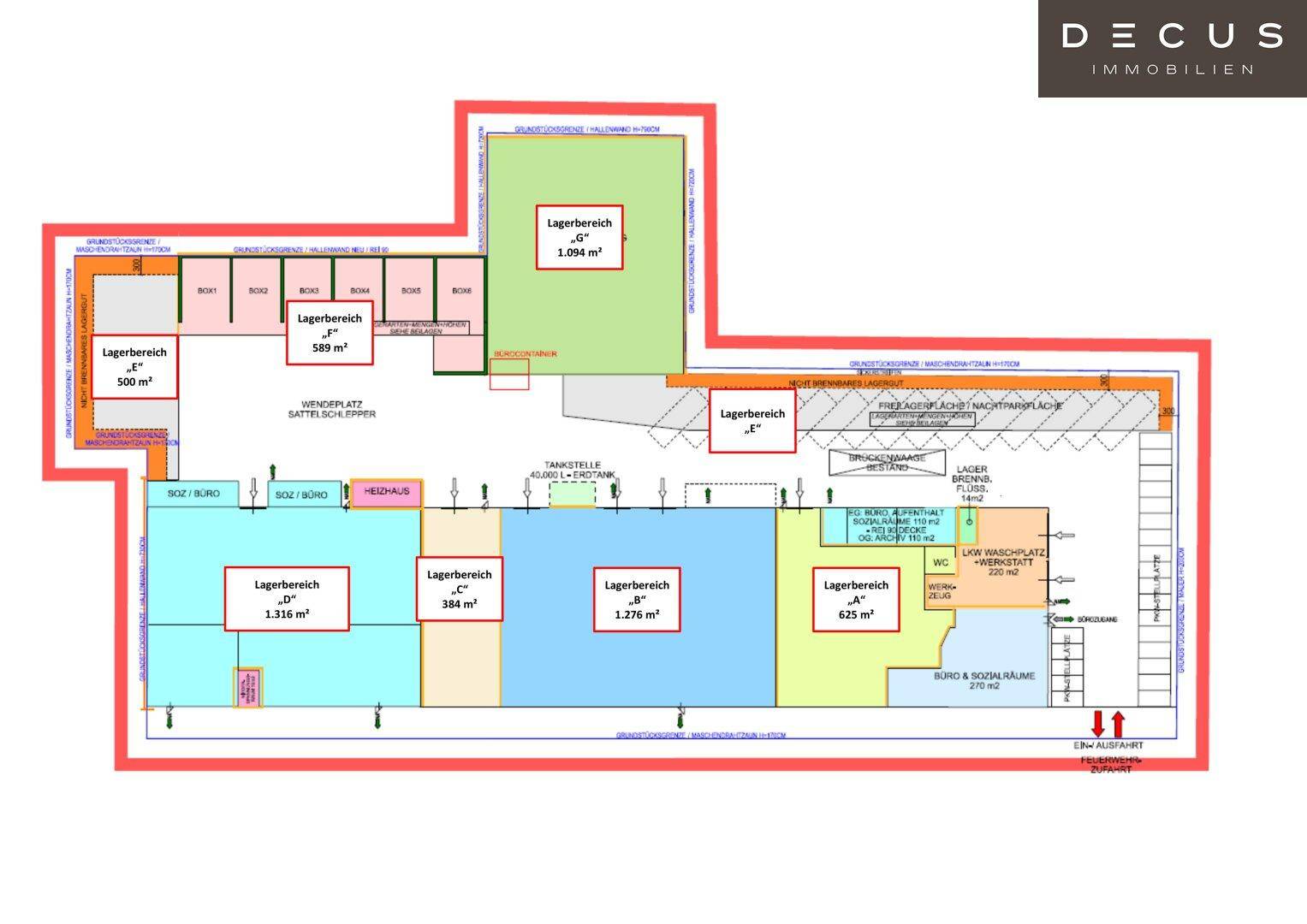 Detaillierter Grundriss einer Lagerhalle mit verschiedenen Lagerbereichen und Büroräumen.