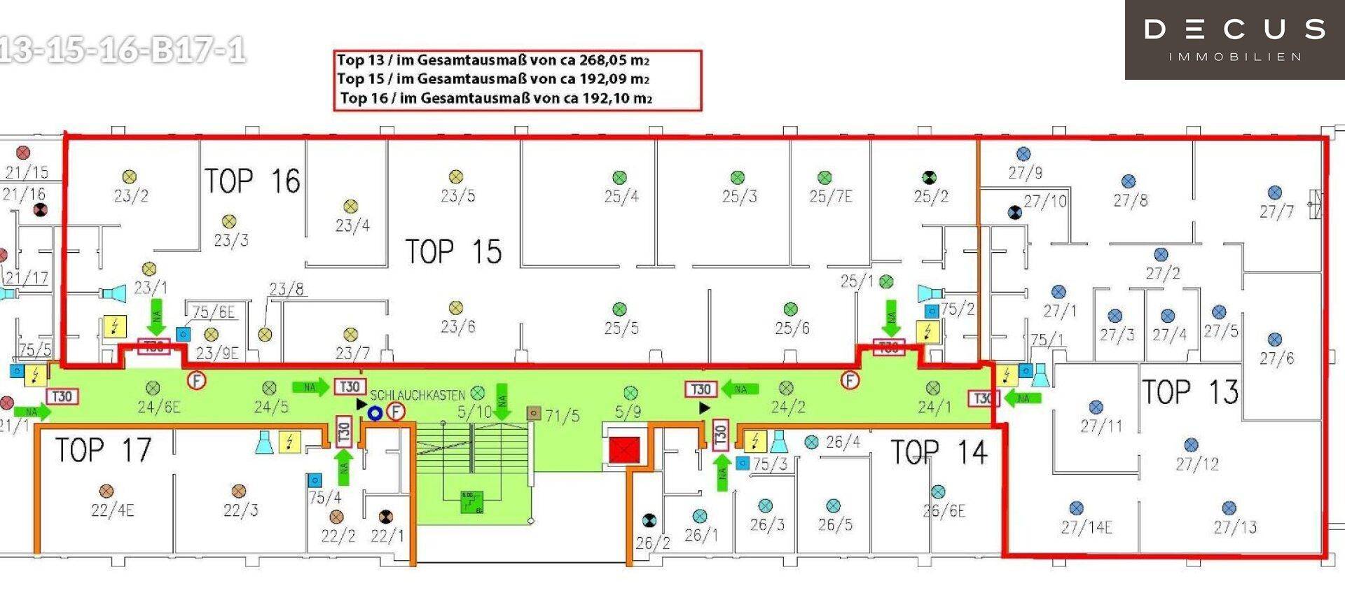 Übersichtsplan eines Bürokomplexes mit mehreren Mieteinheiten, Korridor und Aufzug.