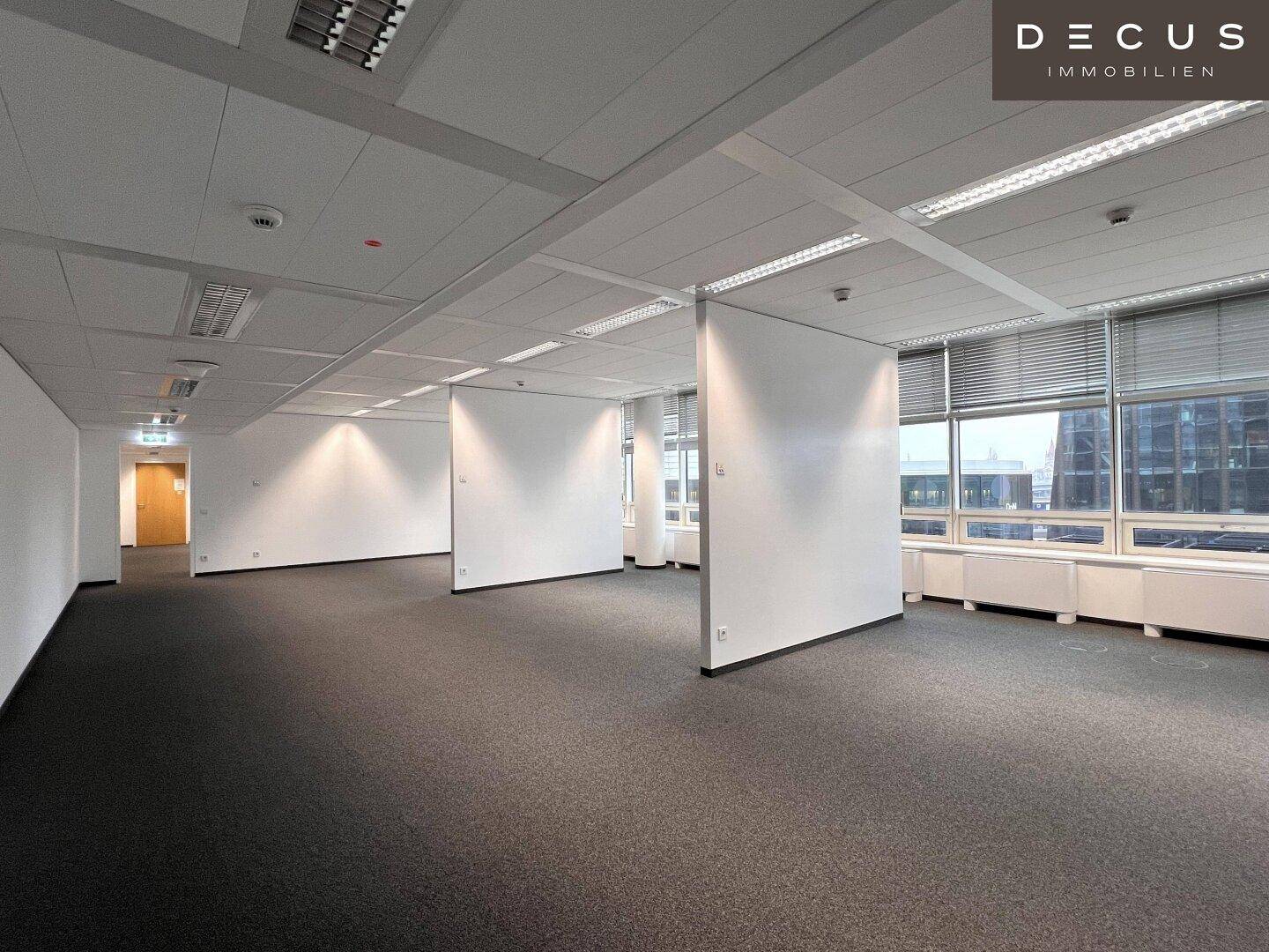 Großes, leeres Büro mit Teppichboden, modularen Trennwänden und Blick auf die Stadt.