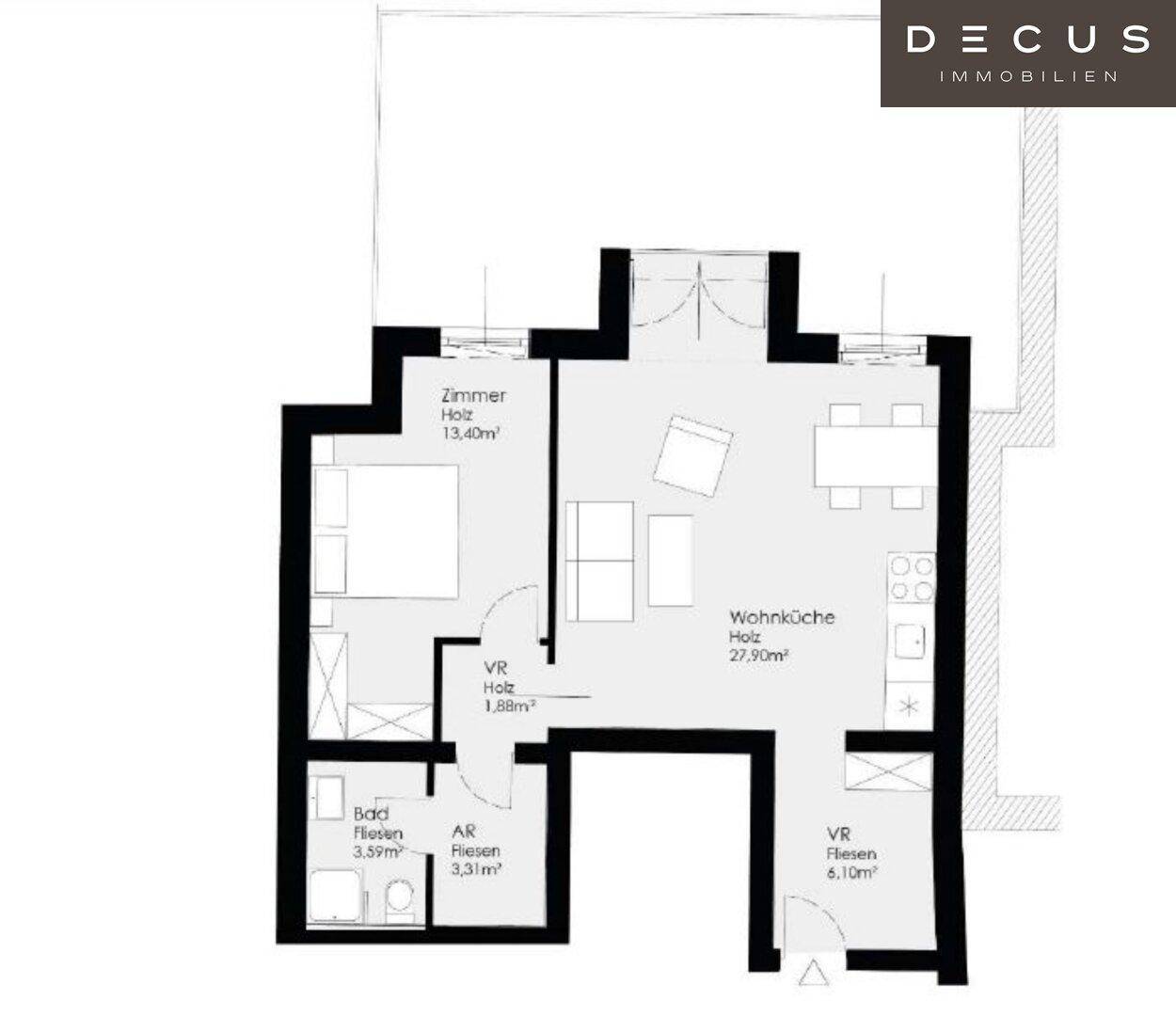 Grundriss einer Wohnung mit Schlafzimmer, Bad, offener Wohnküche und Zugang zu einem Außenbereich.