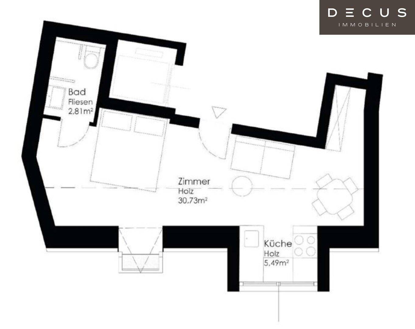 Grundriss einer Wohnung mit Schlafzimmer, Bad, separater Küche und Essbereich.