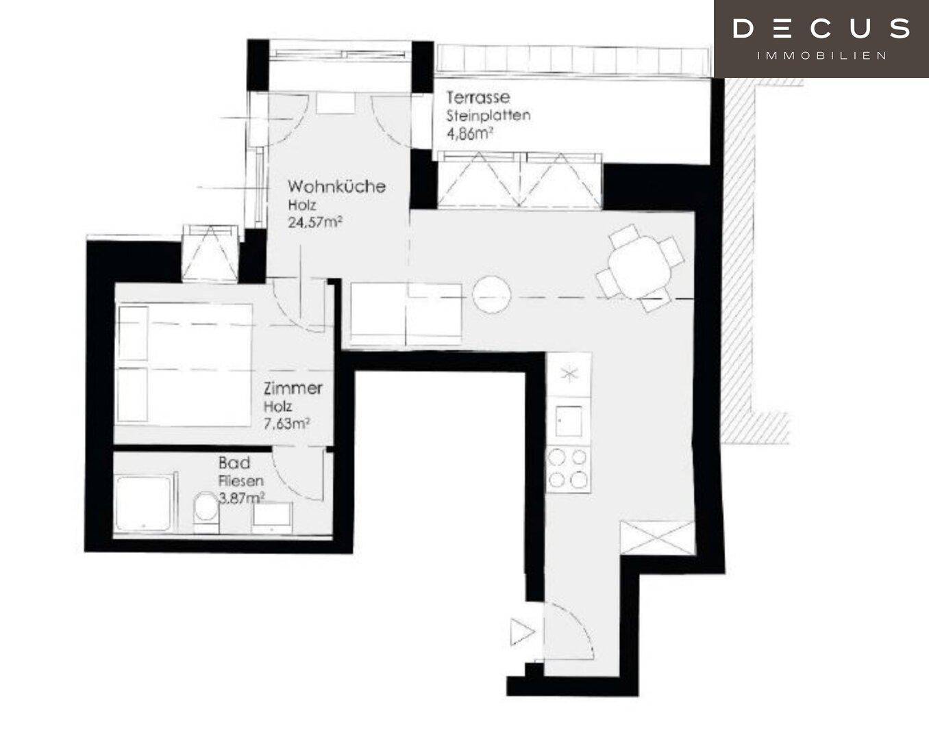 Grundriss einer Wohnung mit Schlafzimmer, Bad, offener Wohnküche und einer Terrasse.