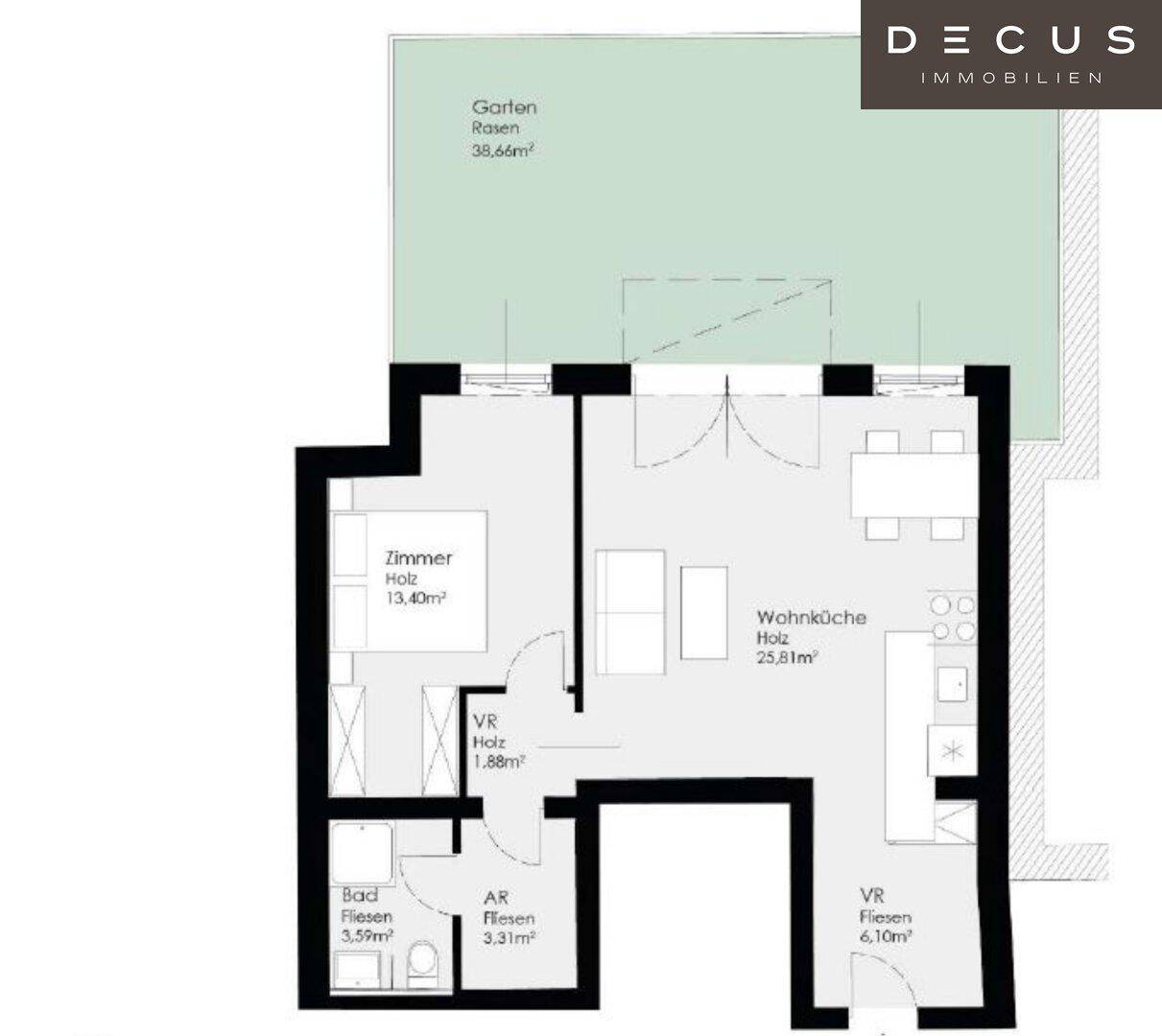 Grundriss einer Wohnung mit Schlafzimmer, Bad, offener Wohnküche und großem Gartenbereich.