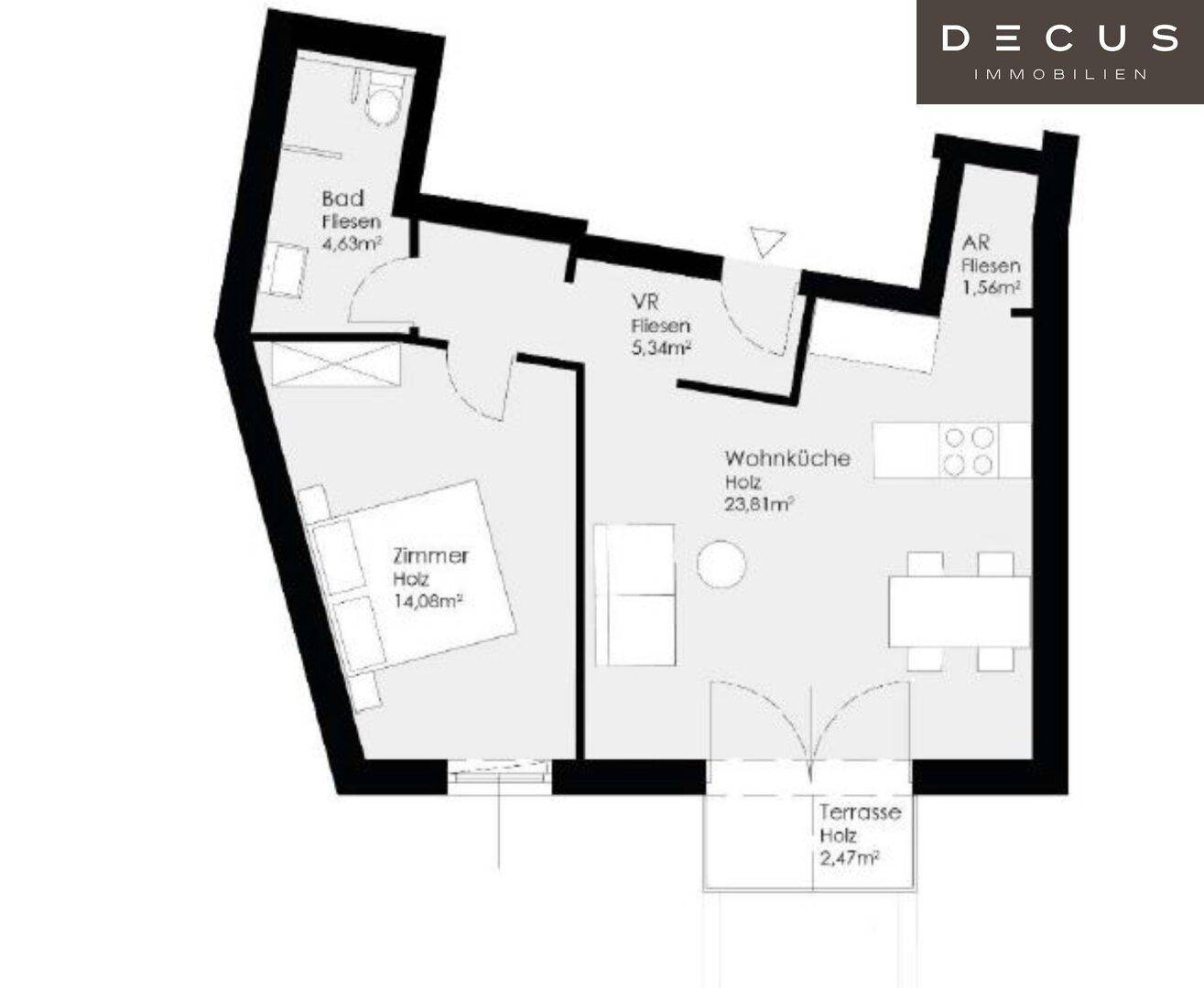 Grundriss einer Wohnung mit Schlafzimmer, Bad, offener Wohnküche und kleiner Terrasse.