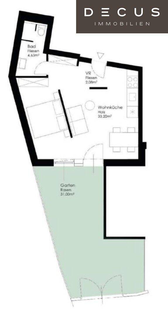Grundriss einer Wohnung mit Schlafzimmer, Bad, offener Wohnküche und Zugang zum Garten.