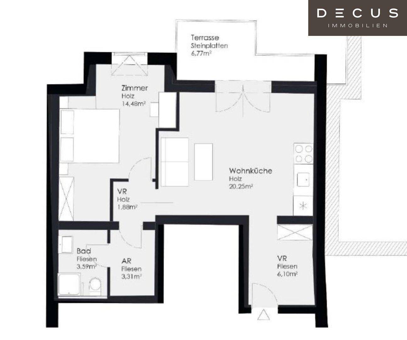 Grundriss einer Wohnung mit Schlafzimmer, Bad, offener Wohnküche und einer großzügigen Terrasse.