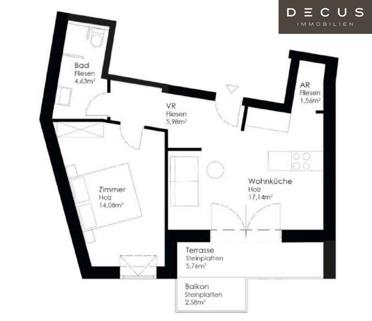 Grundriss einer Wohnung mit Schlafzimmer, Bad, offener Wohnküche, Terrasse und Balkon.