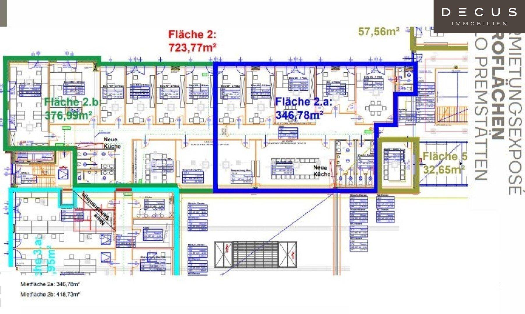Detaillierter Grundriss mit verschiedenen Flächen und potenziellen Büroräumen, inklusive Küchenbereichen und Balkon.