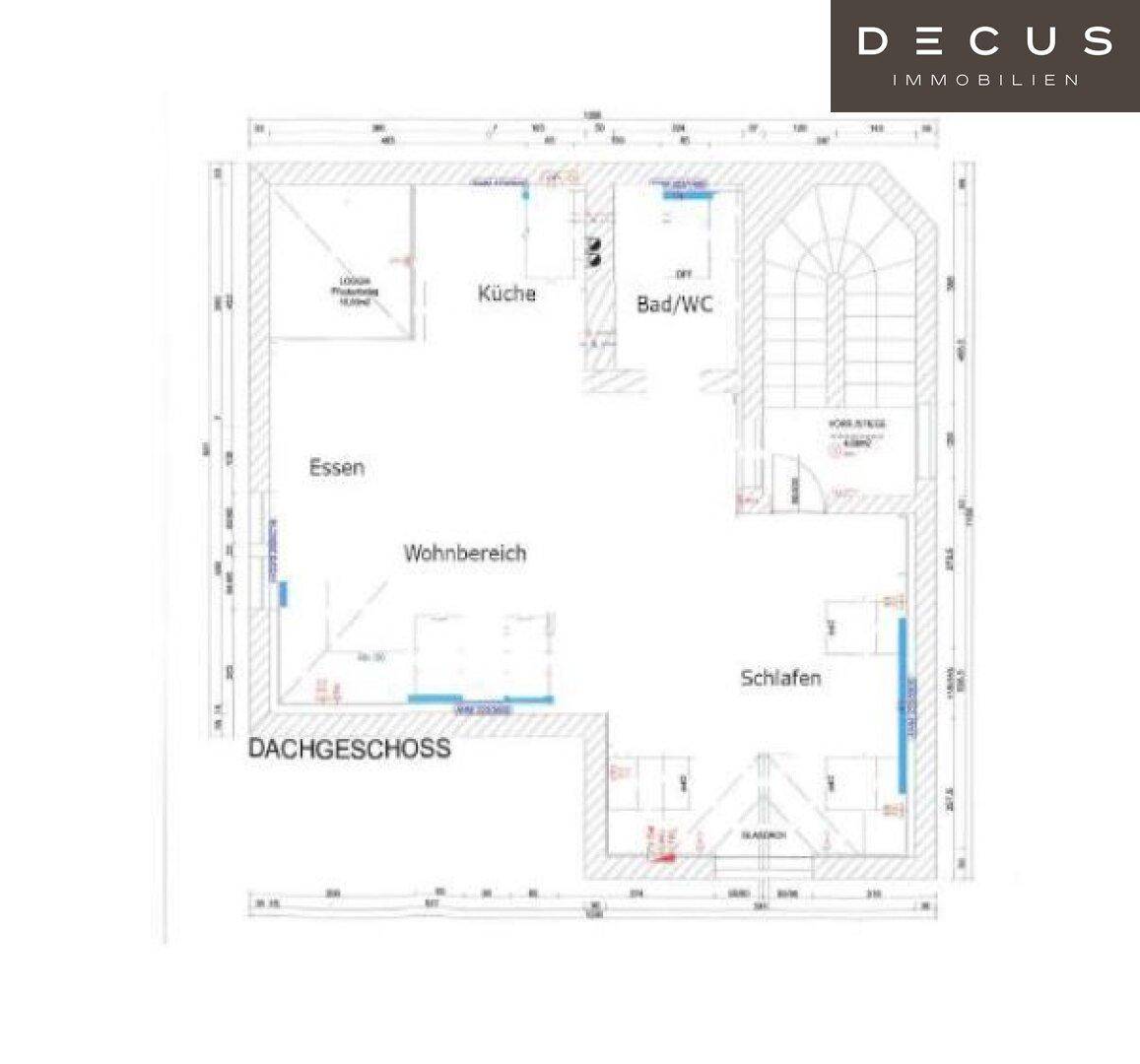 Grundriss des Dachgeschosses mit offener Küche, Ess- und Wohnbereich sowie Schlafzimmer und Bad/WC.