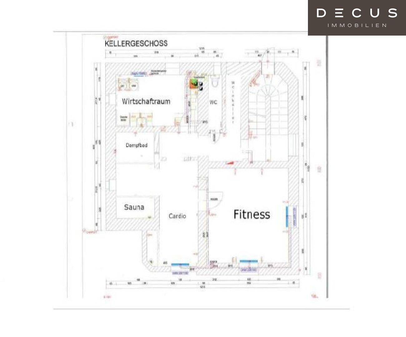 Grundriss des Kellergeschosses mit Wirtschaftsraum, Sauna, Dampfbad und Fitnessbereich.