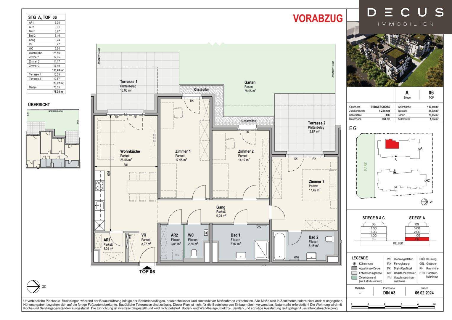 Detaillierter Grundriss einer Erdgeschosswohnung mit offener Wohnküche, drei Zimmern, zwei Bädern, separatem WC, zwei Terrassen und einem Garten.