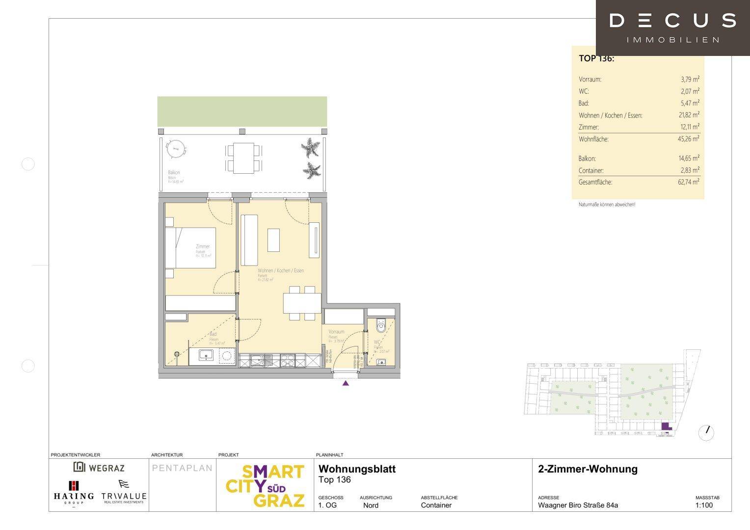 Grundriss einer 2-Zimmer-Wohnung mit Balkon und offenem Wohnbereich.