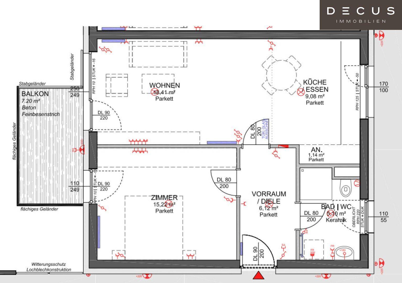Detaillierter Grundriss einer Wohnung mit Wohnzimmer, Küche, Schlafzimmer und Balkon.