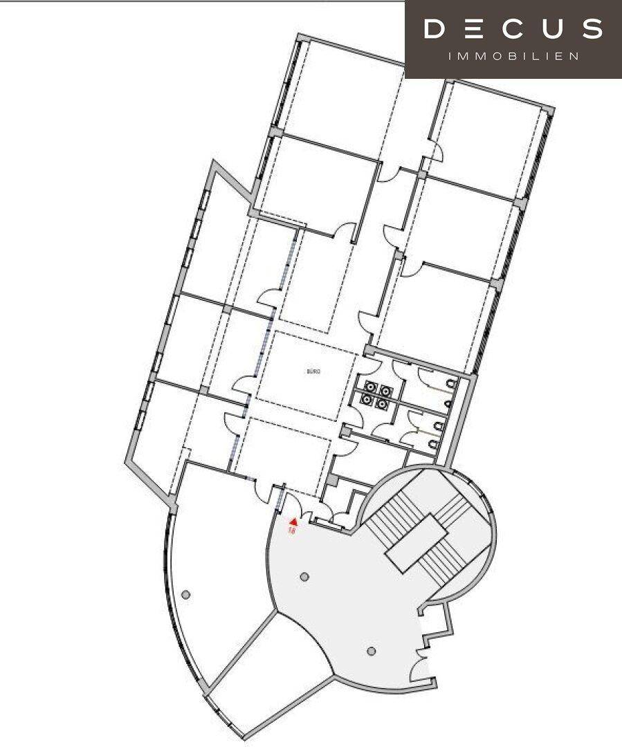 Grundrissplan eines Bürogebäudes mit mehreren Räumen und einem Treppenhaus.