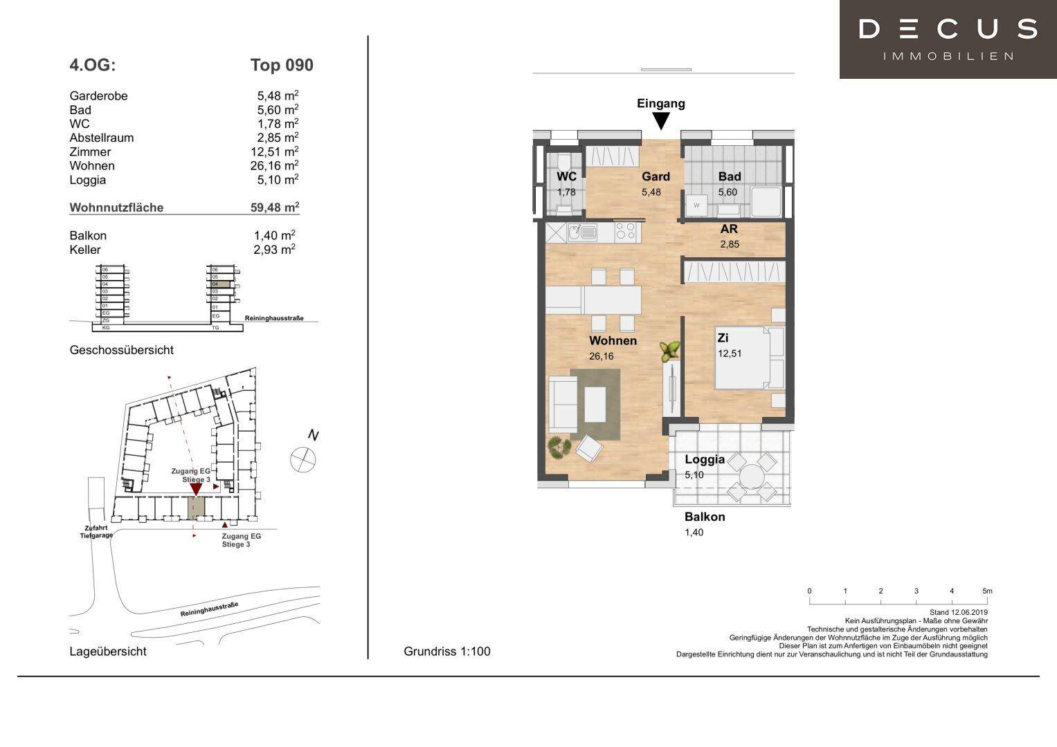 Grundriss der Wohnung mit Wohnbereich, Schlafzimmer, Bad und Balkon.
