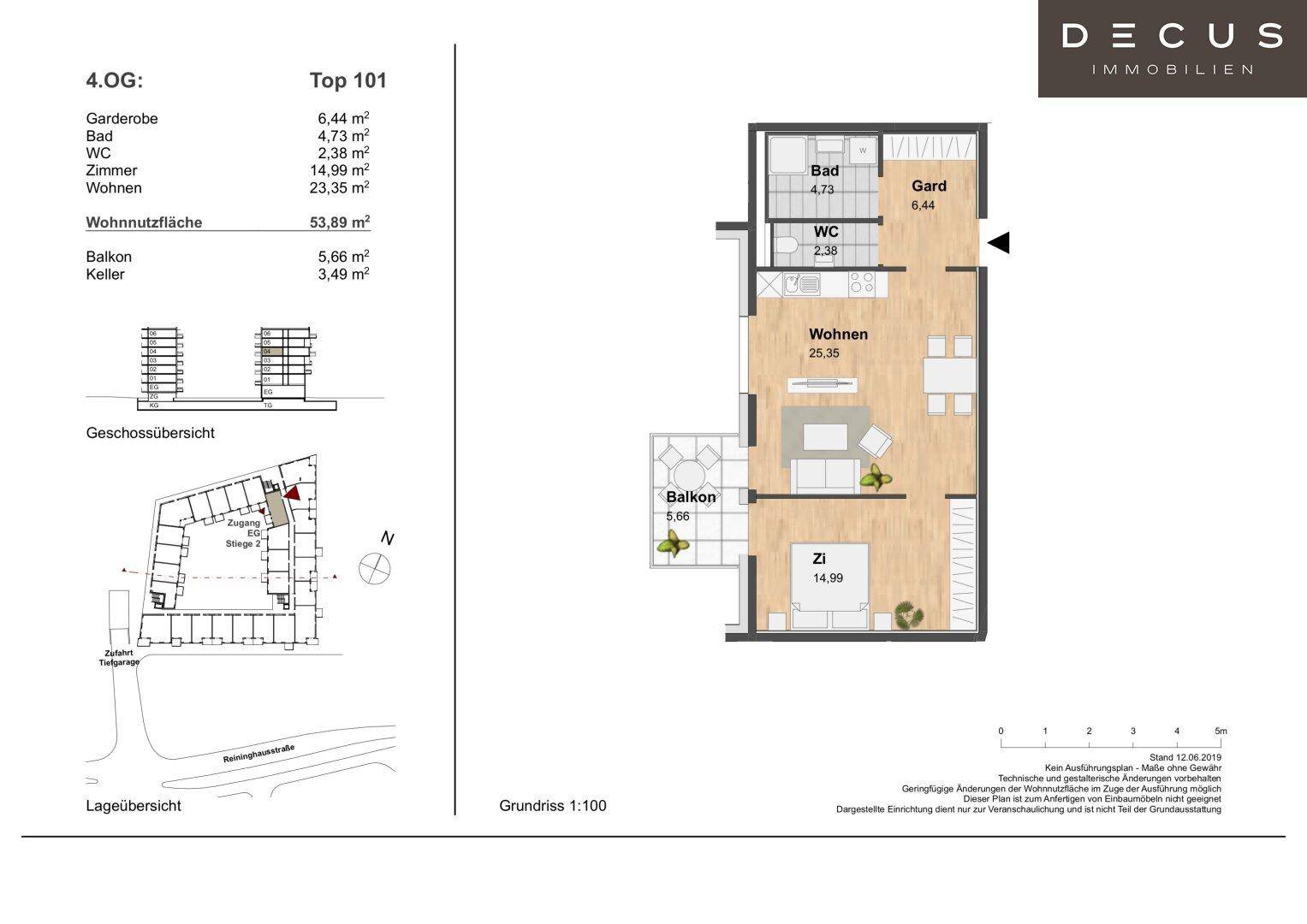 Grundriss der Wohnung Top 101 im 4. Obergeschoss mit Balkon und separatem WC.