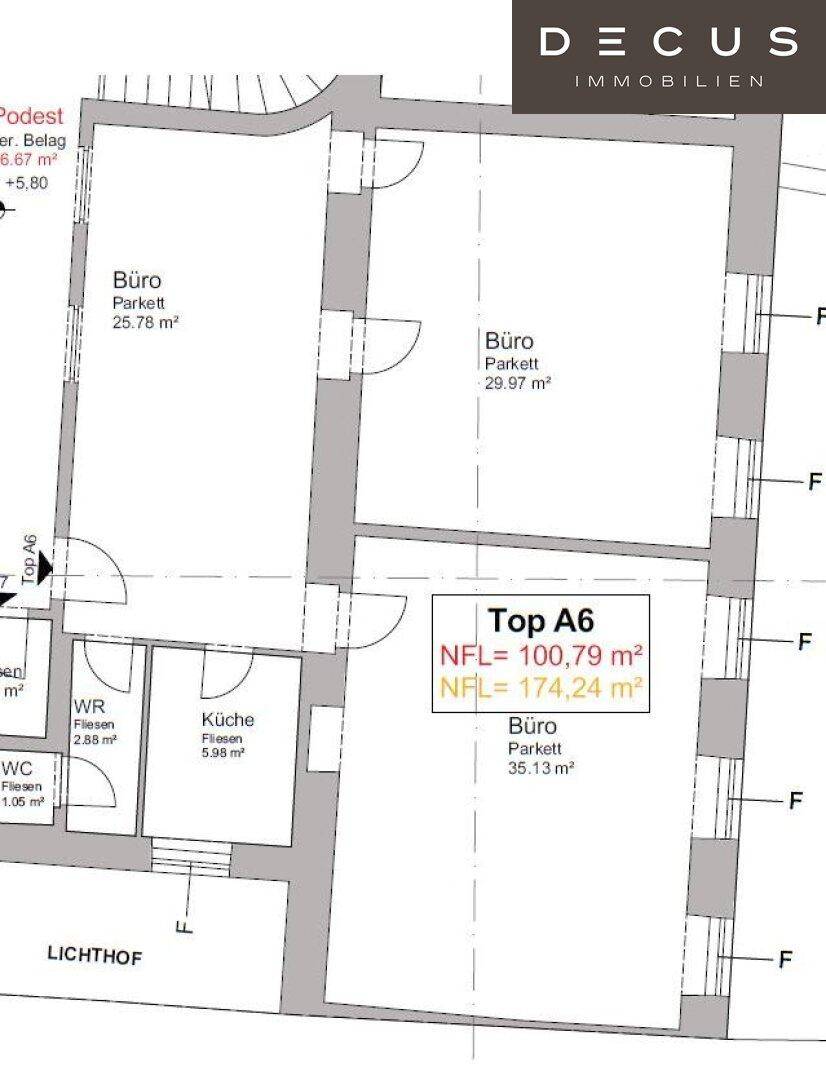 Grundriss der Einheit Top A6 mit mehreren Büroräumen, Küche und WC, Gesamtfläche 174,24 m².