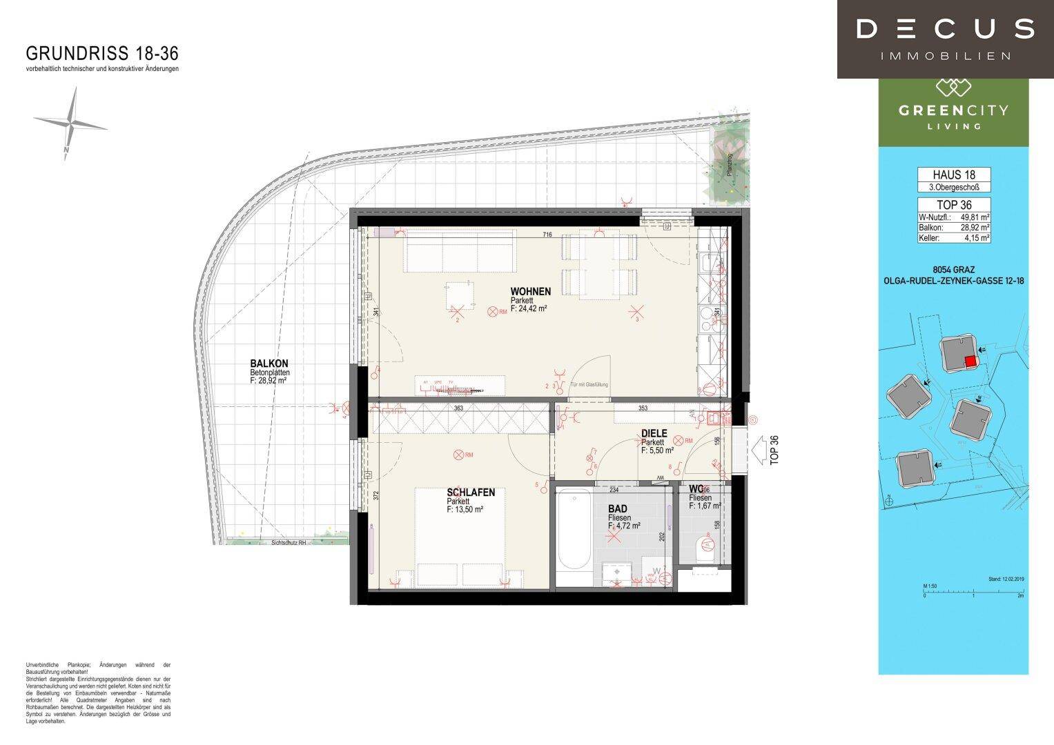 Grundriss einer Wohnung mit Wohn-, Schlafzimmer, Bad, WC, Diele und einem großzügigen Balkon.