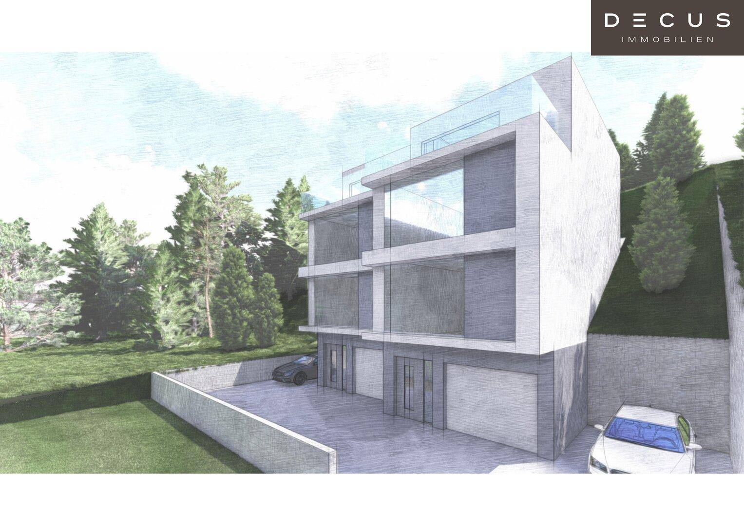 Grünes Einfamilienhaus mit Garage und weißem Zaun an einer ruhigen Wohnstraße, umgeben von Bäumen.