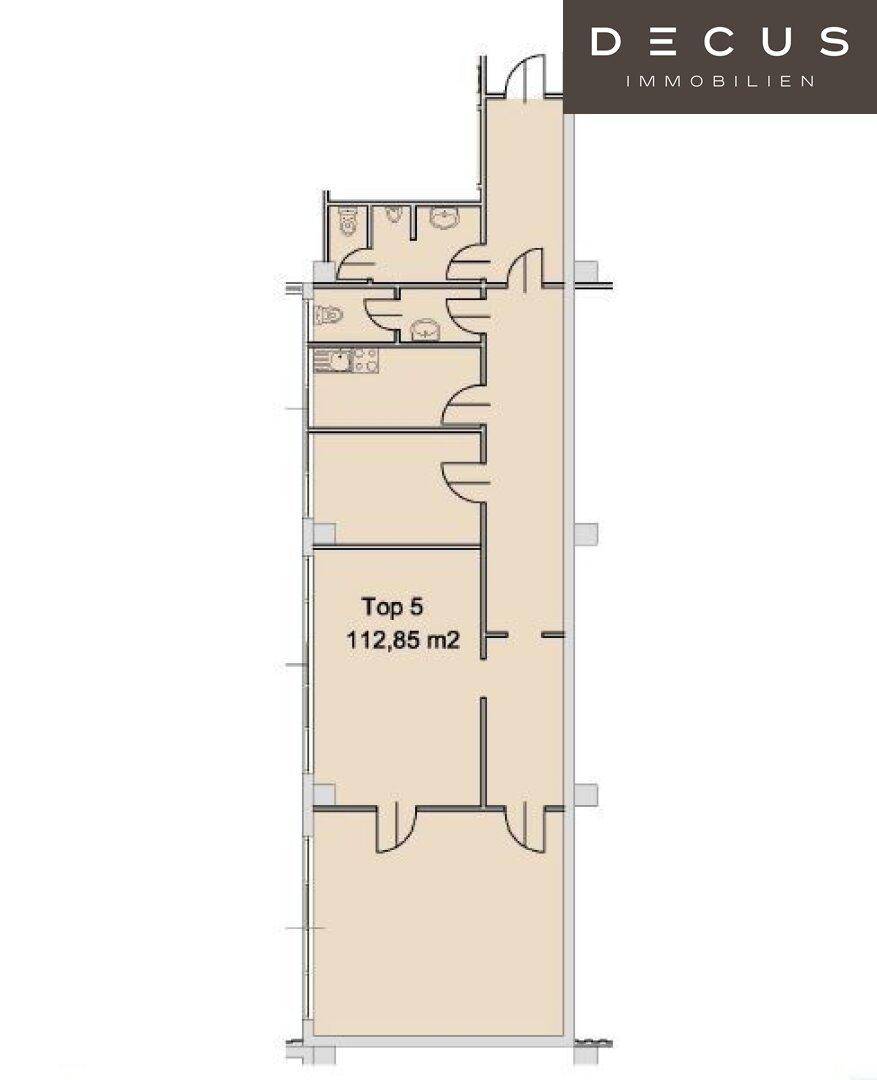 Grundriss der Einheit Top 5 mit einer Fläche von 112,85 m², inklusive Sanitärbereichen.
