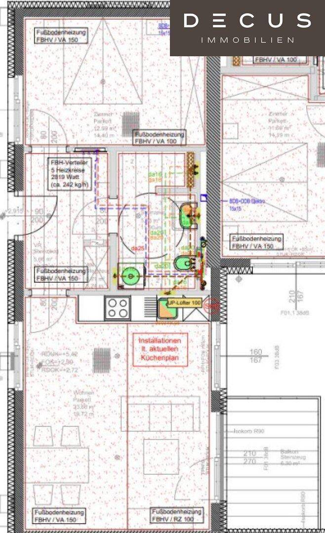 Detaillierter Grundriss mit Fußbodenheizung und Installationen für eine Küche und Bäder.