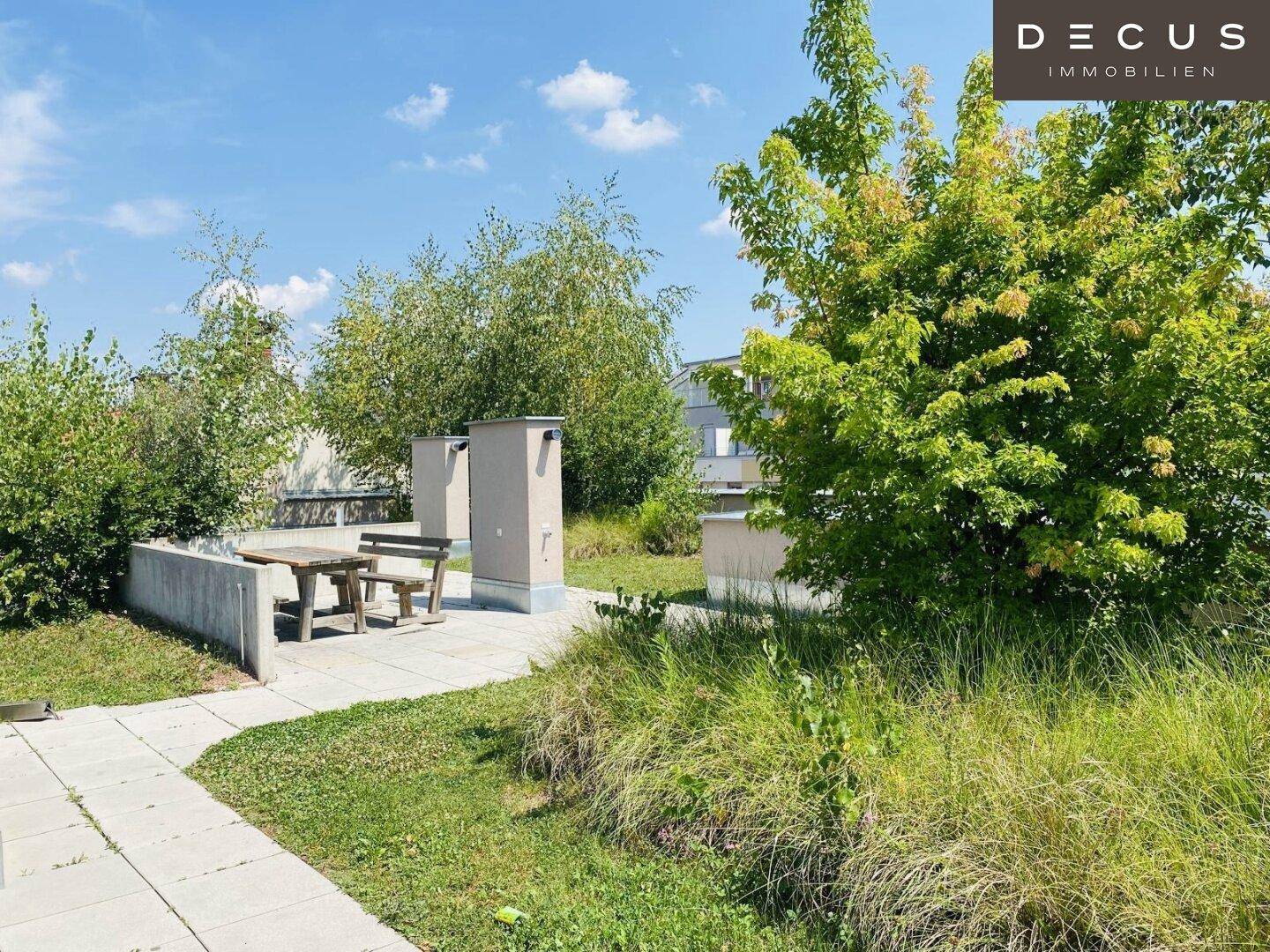 Gemeinschaftlicher Gartenbereich mit Sitzgelegenheiten, Rasenfläche und üppiger Bepflanzung.