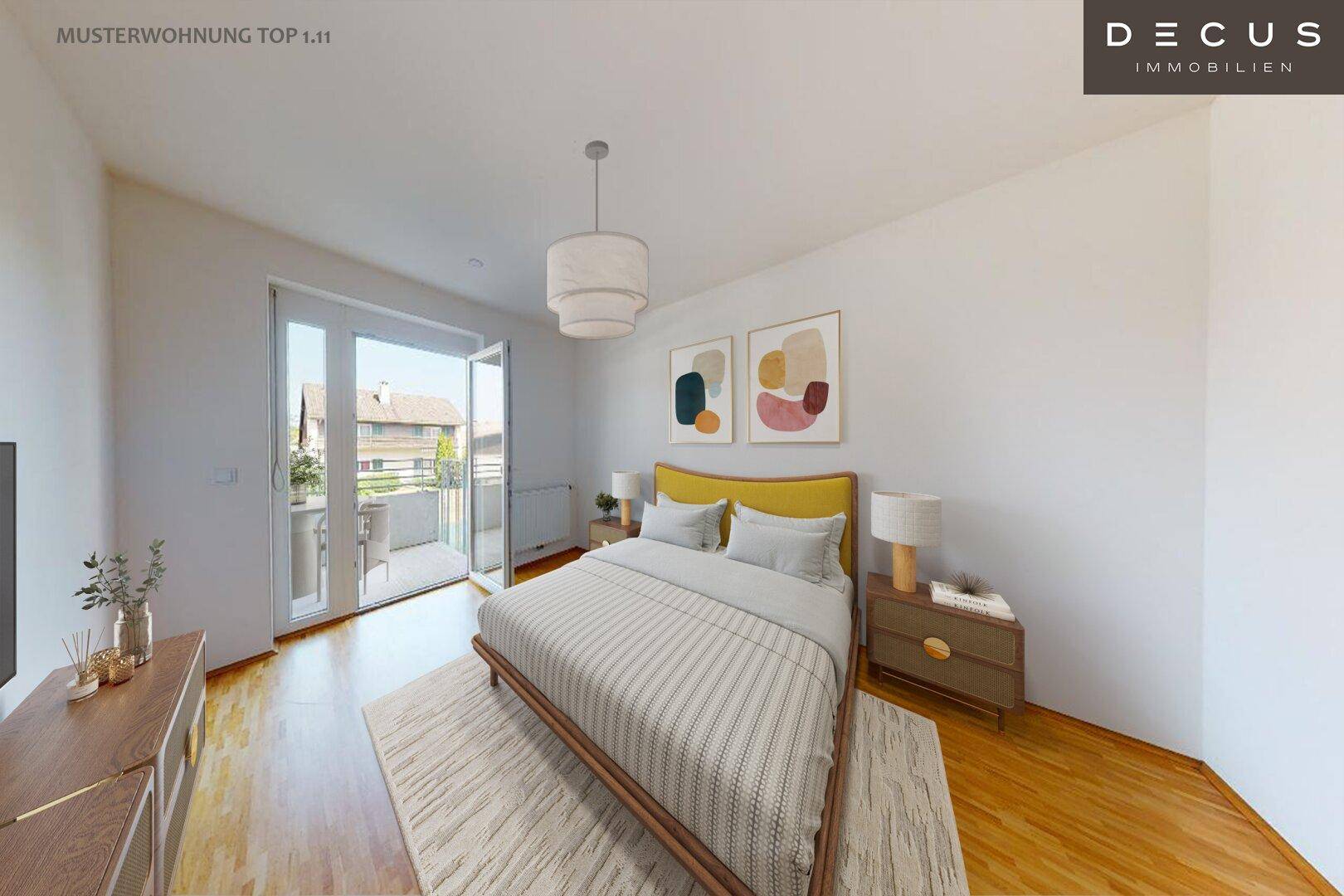 Modernes Schlafzimmer mit Doppelbett, Holzboden und direktem Zugang zum Außenbereich durch eine Glastür.