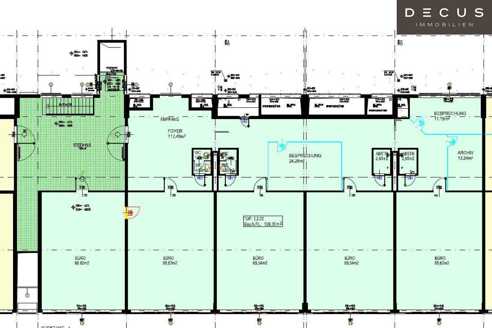 Detaillierter Grundriss mit mehreren Büroräumen, Foyer, Besprechungsräumen und Sanitäranlagen.