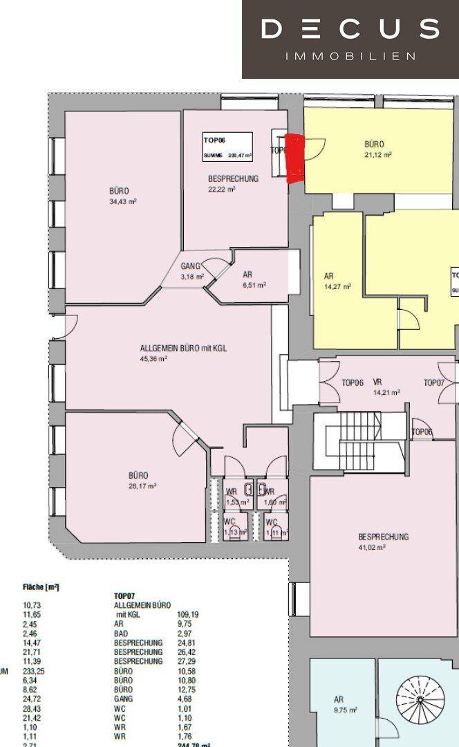 Übersichtlicher Grundriss mit Büros, Besprechungsräumen und einem zentralen Gangbereich.