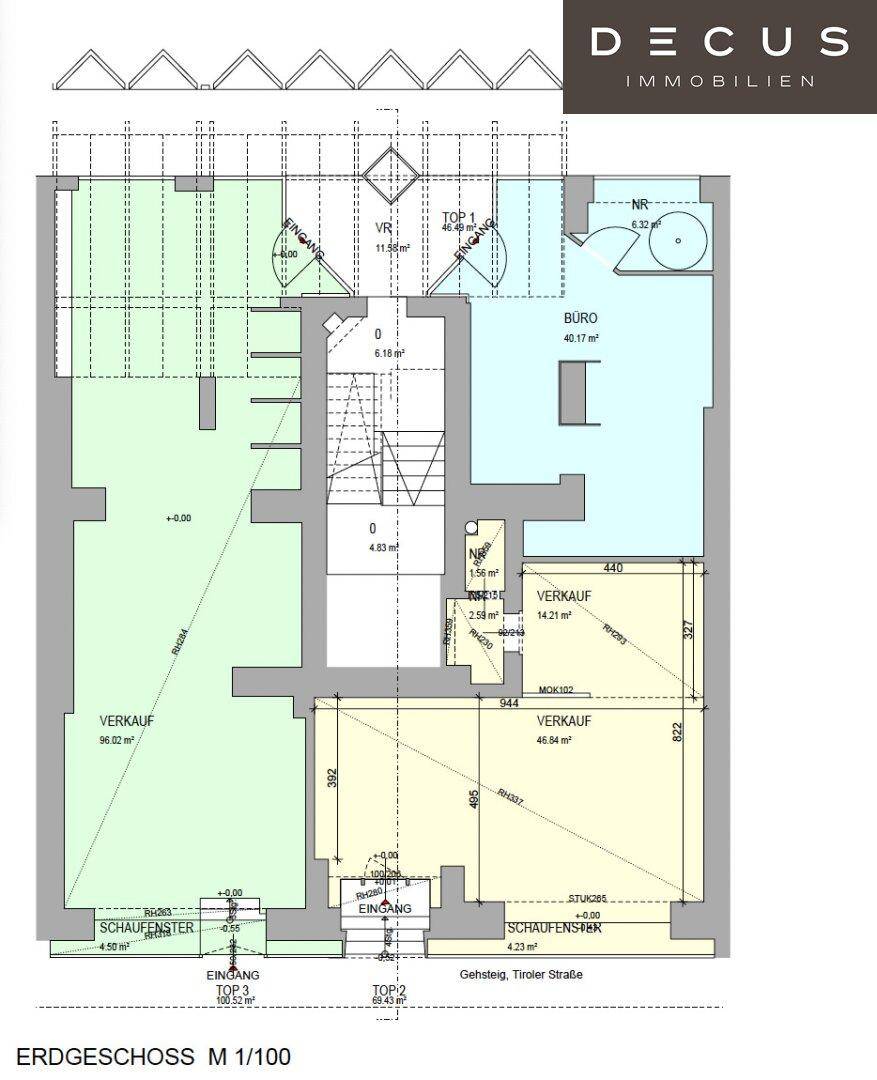 Grundriss des Erdgeschosses mit Verkaufsflächen und Büroräumen.