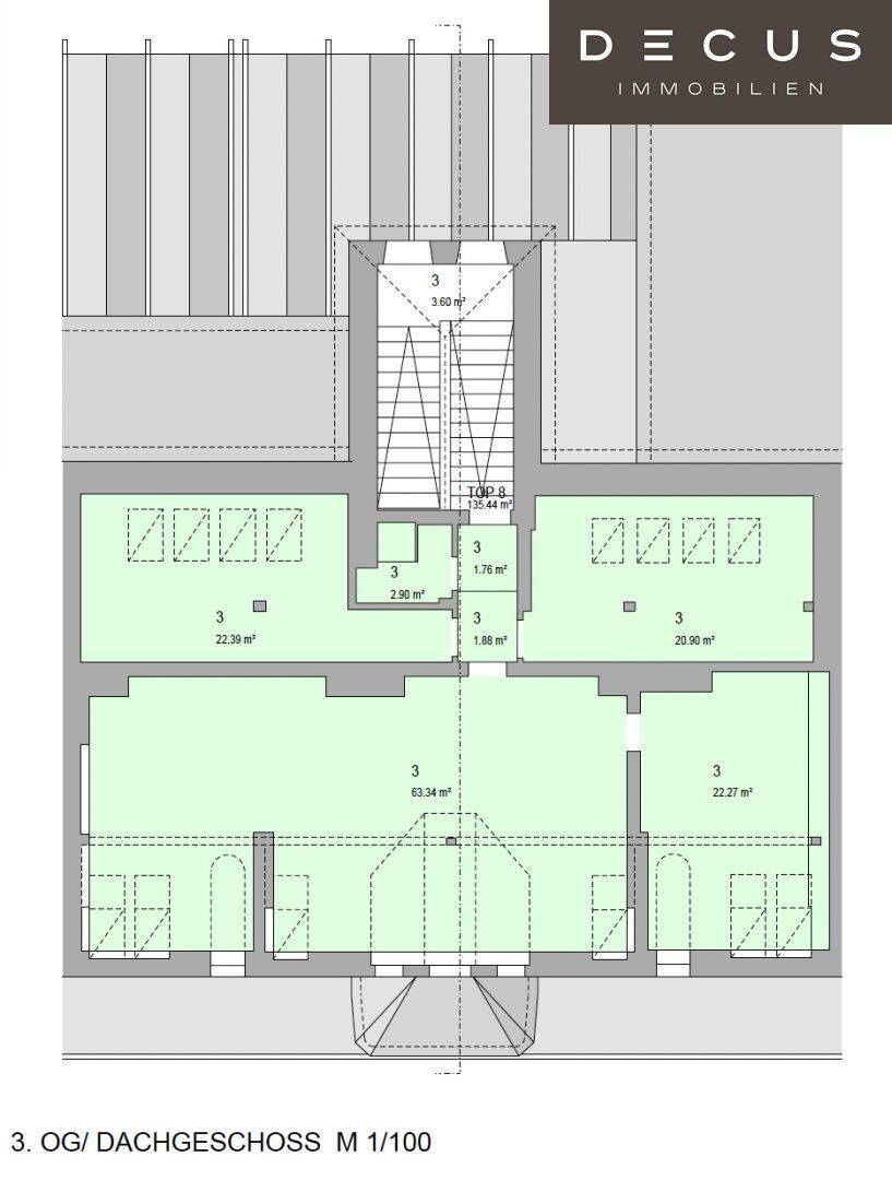 Grundriss des dritten Obergeschosses/Dachgeschosses mit Dachschrägen und Fenstern.