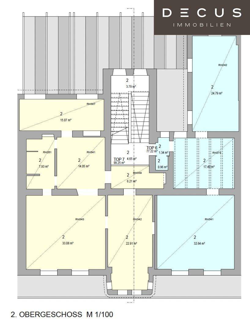 Grundriss des zweiten Obergeschosses mit verschiedenen Raumeinheiten und Treppenaufgang.
