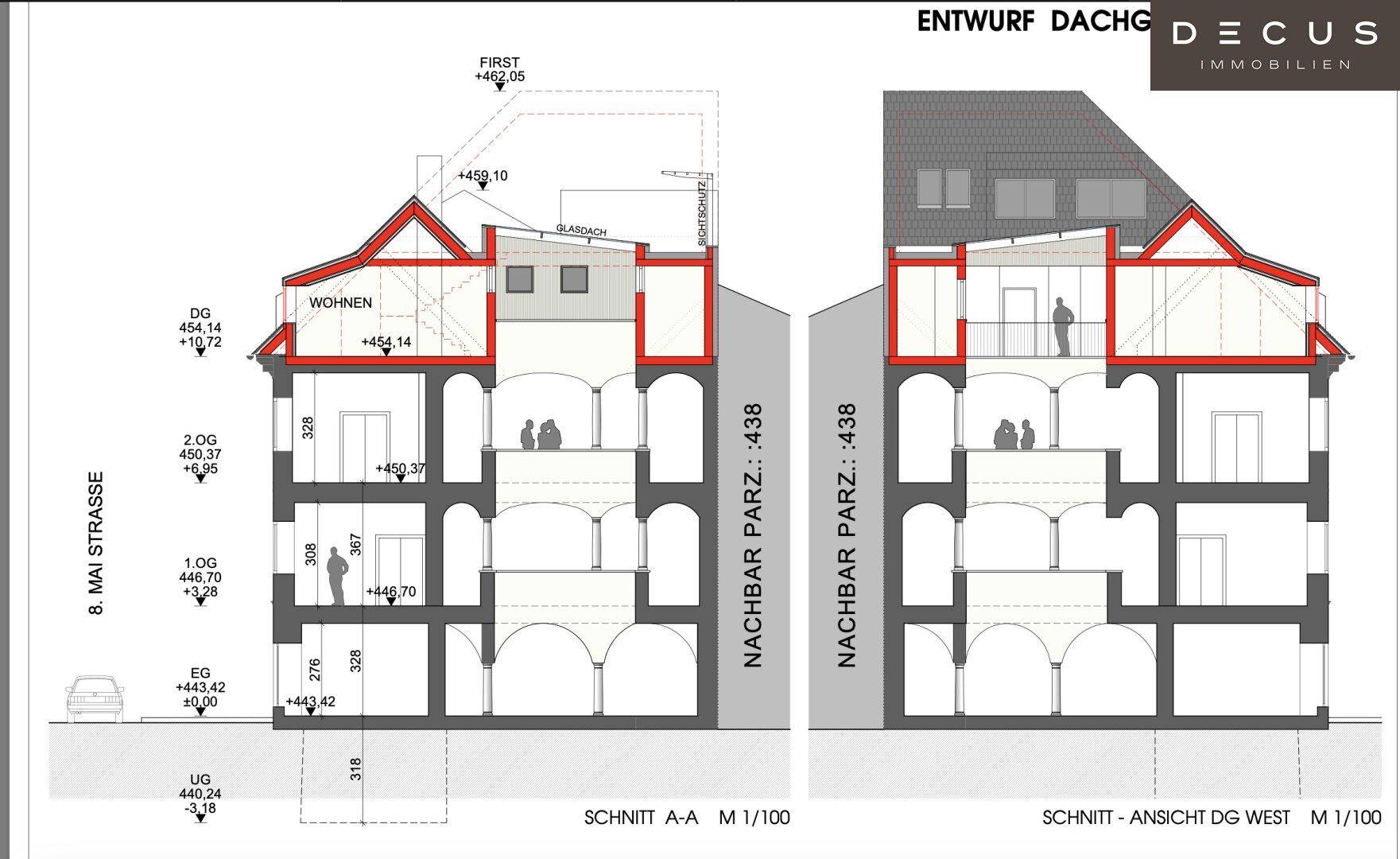 Schnittansicht des Gebäudes mit Dachgeschossausbau, hohen Decken und verschiedenen Ebenen.