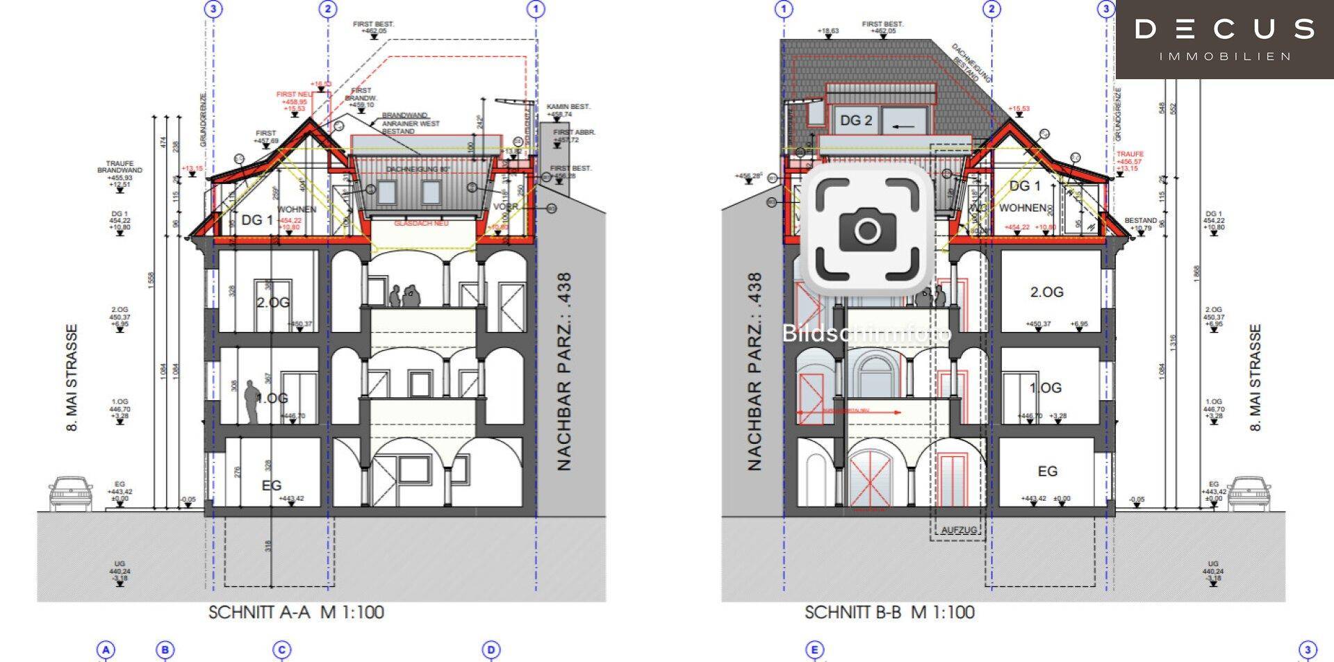 Zwei Schnittansichten des Gebäudes mit Dachgeschossausbau und der Straßenansicht.