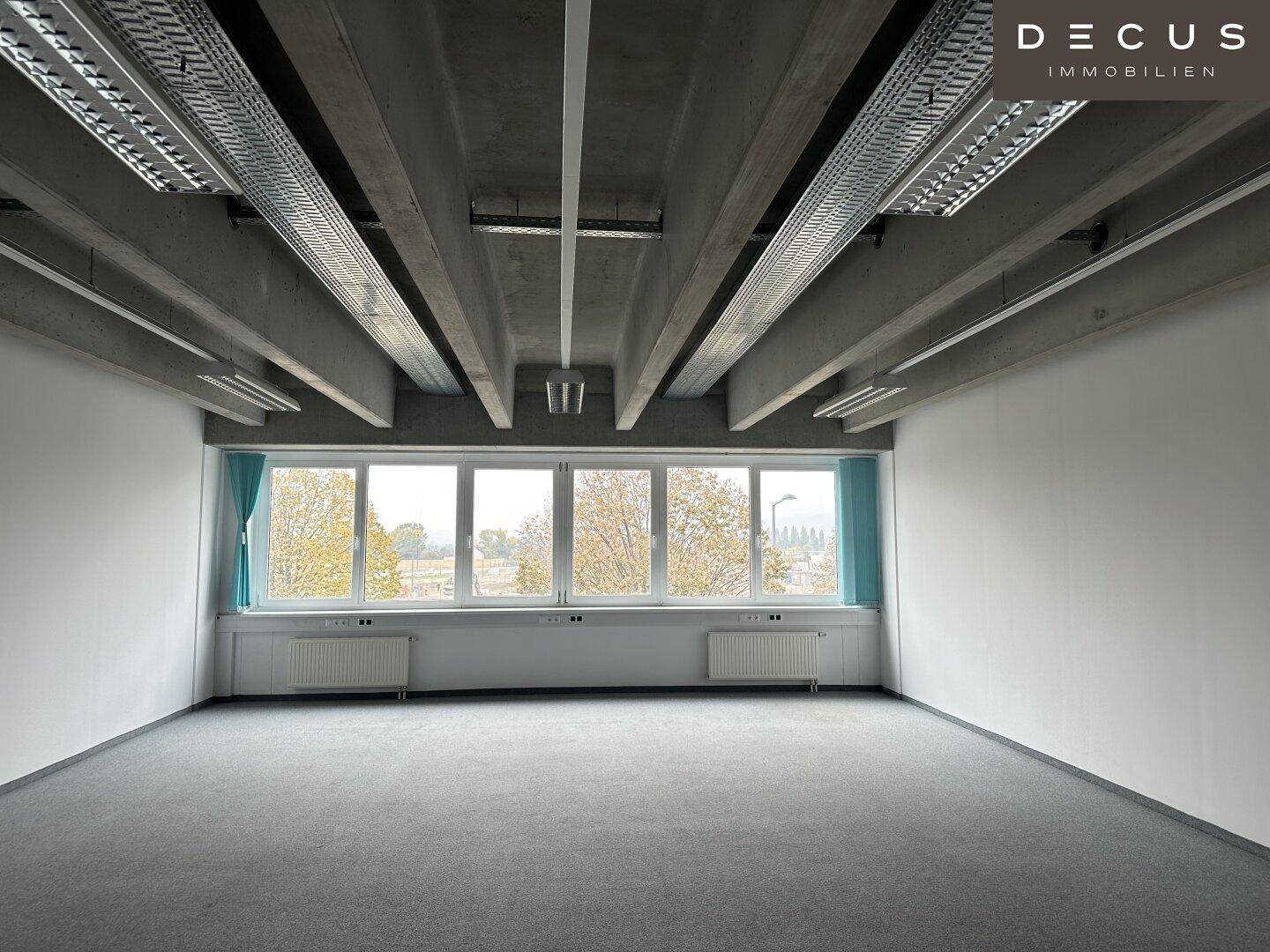 Geräumiger, leerer Büroraum mit Teppichboden, großen Fenstern und sichtbaren Betonbalken an der Decke.