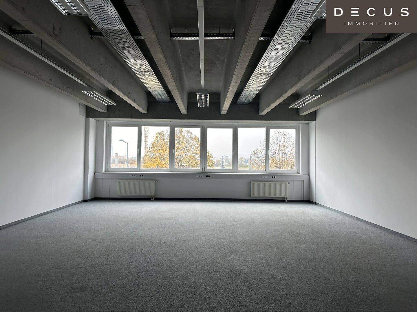 Heller Büroraum mit grauen Teppichboden, breiten Fenstern und einer Decke mit freiliegenden Betonbalken.