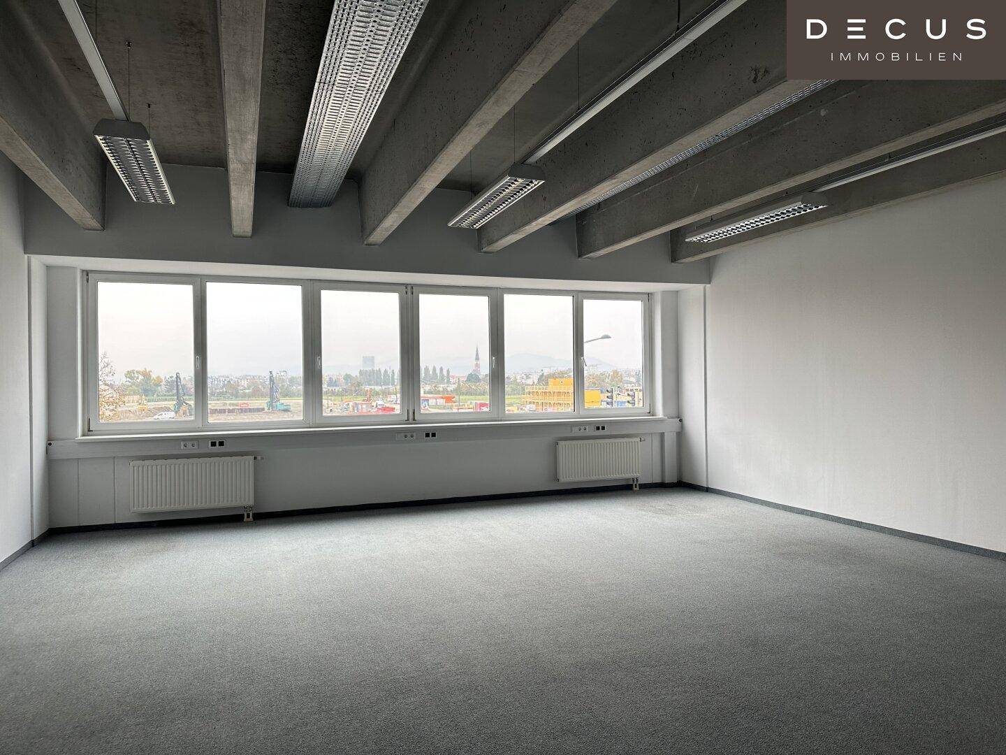 Geräumiges, leeres Büro mit Teppichboden, großen Fenstern und Blick auf die Stadt.