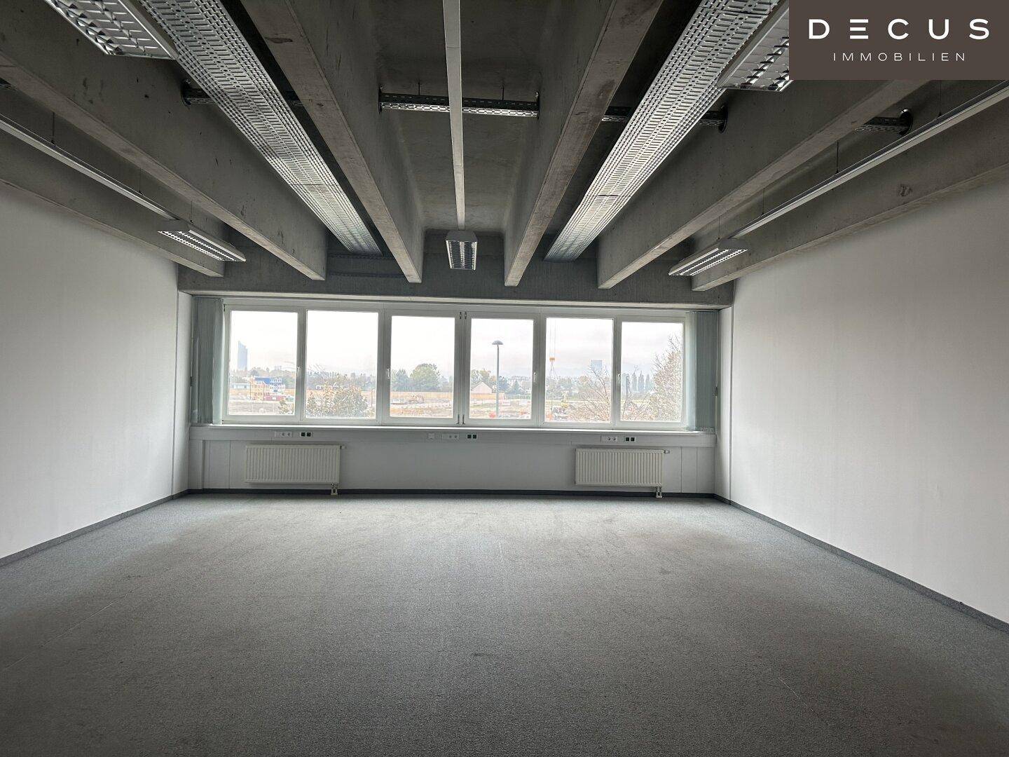 Heller Büroraum mit Teppichboden, großen Fenstern und einem weiten Blick nach draußen.