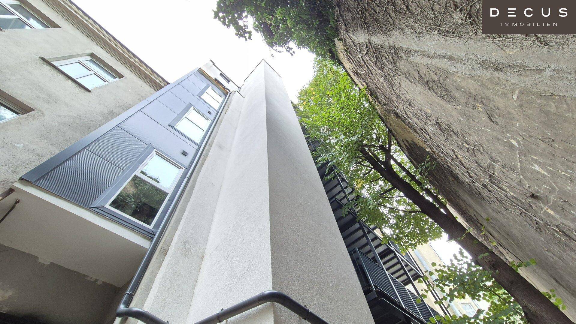 Blick nach oben auf die Rückseite des Gebäudes mit modernen Anbauten und einem hohen Baum.