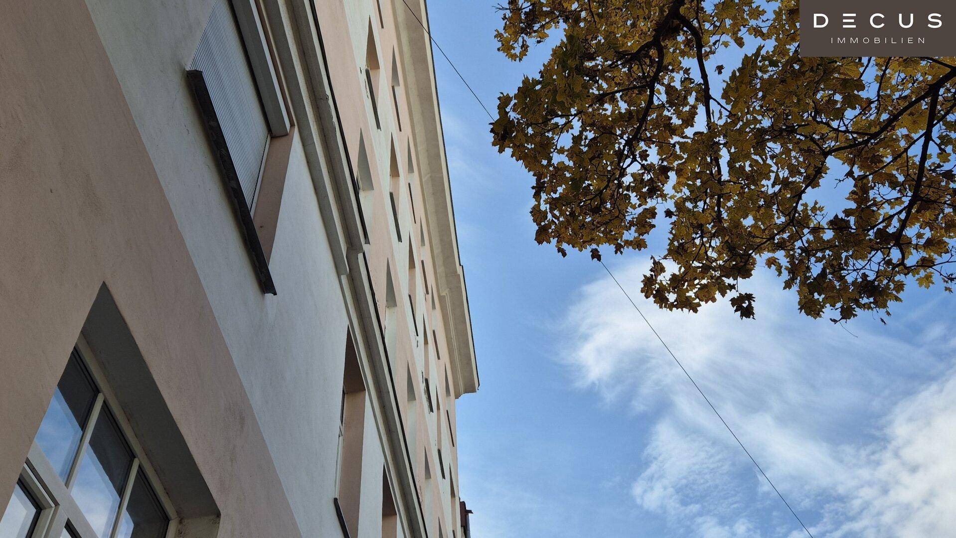 Blick nach oben auf die Fassade des Altbaus und herbstliche Bäume vor einem strahlend blauen Himmel.