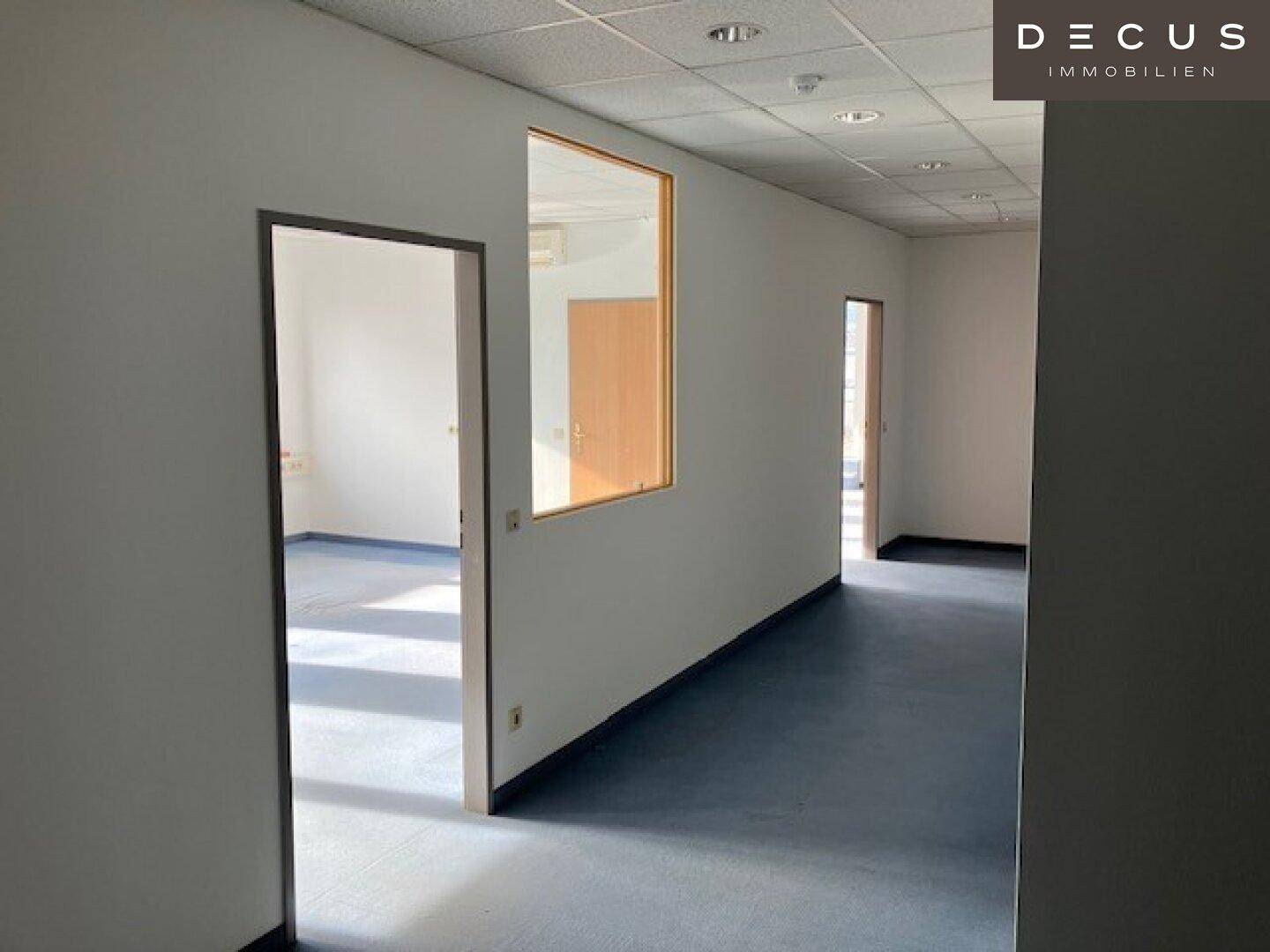 Langer Flur mit Vinylboden und einer Glaswand, die Licht in angrenzende Räume lässt.
