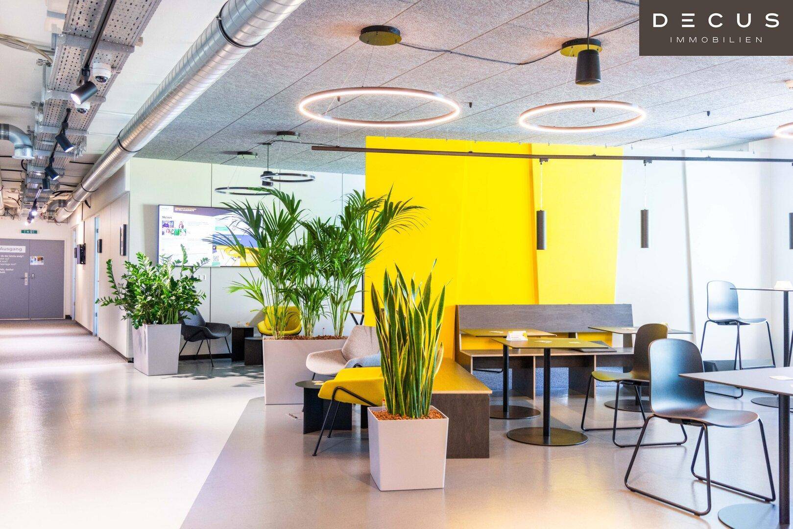 Gemütlicher Loungebereich im Büro mit verschiedenen Sitzgelegenheiten, Pflanzen und modernem Design.